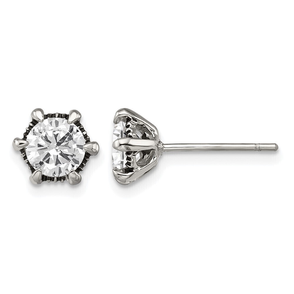 Kazi Luxury Stainless Steel Antiqued and Polished CZ Post Earrings